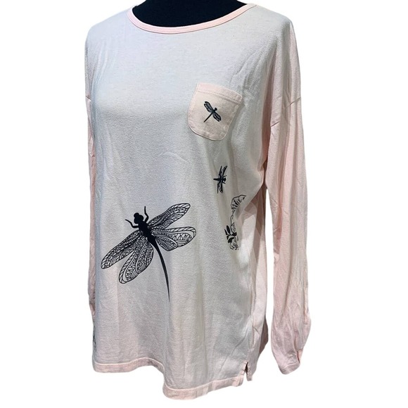Hand Printed Upcycled Womens Large Dragonfly Long Button Sleeve Cotton Blend Tee - Picture 1 of 4